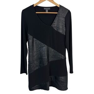 Frank Lyman Long Sleeve Tunic Top Sz 8 Black Faux Leather Accent Stretch NWOT